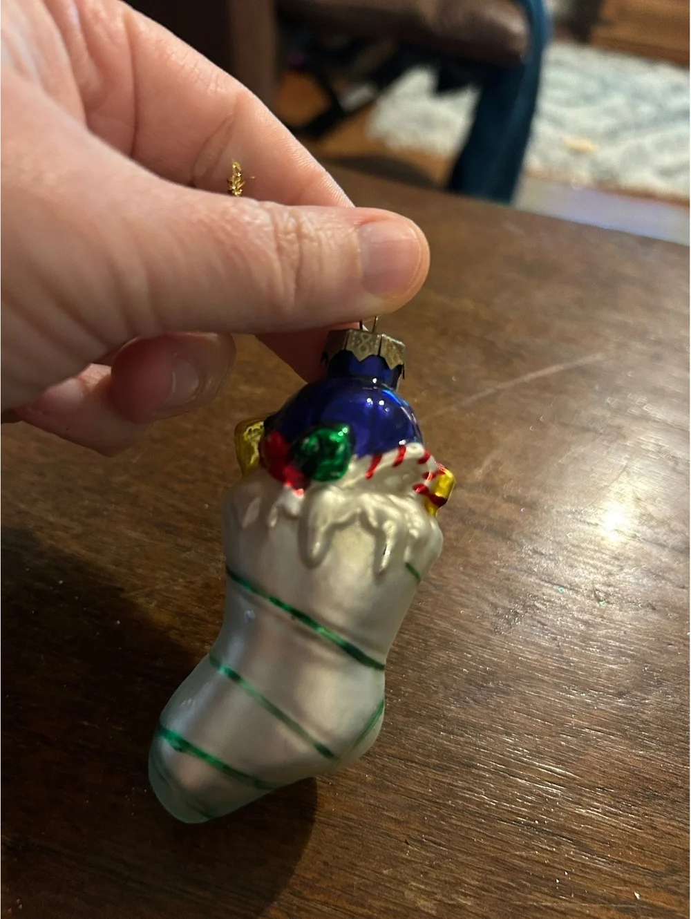 Vintage Glass Christmas Stocking Ornament with Blue Top and Gift Decorations